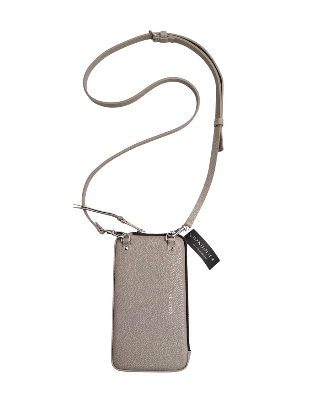Bandolier Pebble Leather Expanded Zip Pouch Crossbody in Greige/Silver